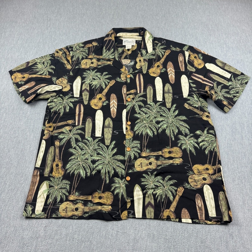 Vintage Diamond Head Shirt Mens Large Black Surfboard Ukulele Hawaiian‎ Camp USA